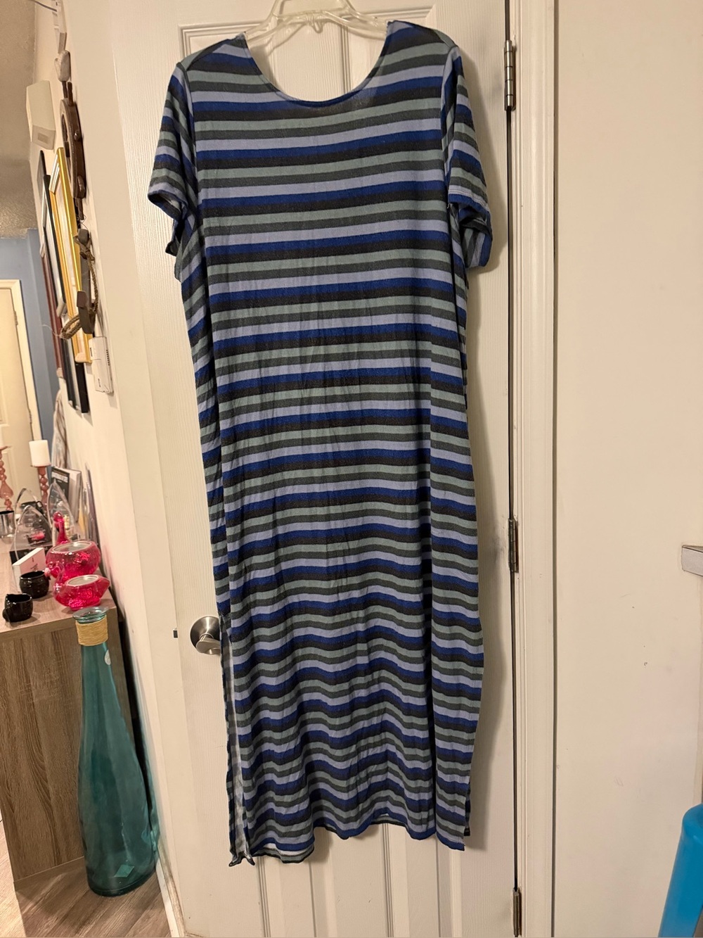 Women’s Blue & Gray Striped Short-Sleeve Nightgown with Slits